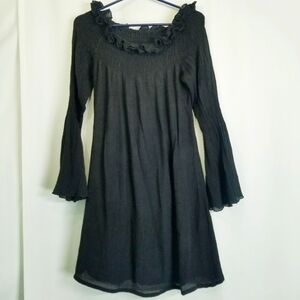 Union of Angels L Dress black smocked bell sleeves off‎ the shoulders silk blend